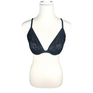 Victoria's Secret Unlined Plunge Bra 34D Black Lace Sheer Y2K Chic